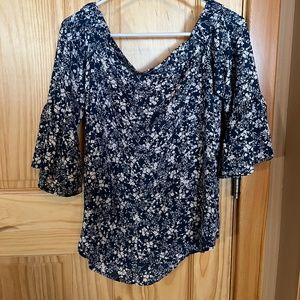 Verse Off The Shoulder Blue and White Floral Print Blouse Small